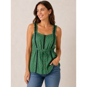 Anthropologie Womens Size 12 Green Cold Shoulder Boho Peasant Blouse Top